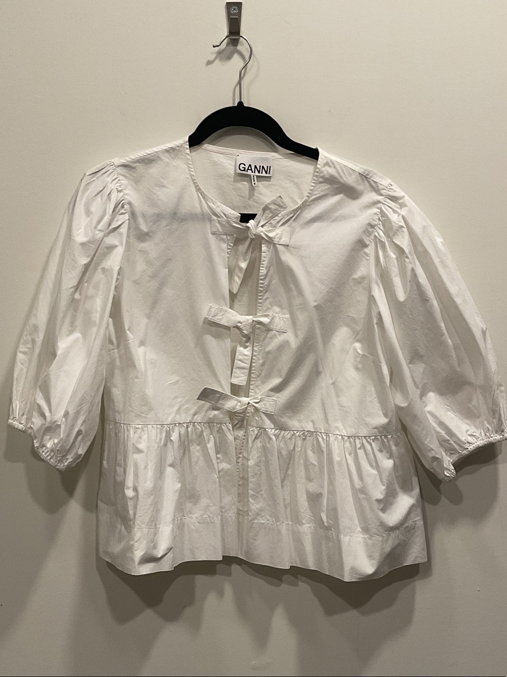 Ganni White Tie-Front Puff Sleeve Blouse